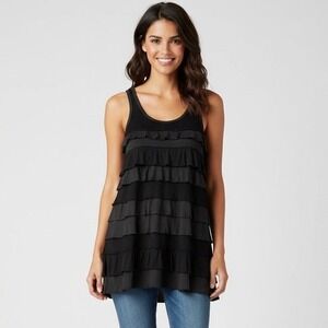Y2K Theory Tabie Ruffle Tank Shirt Women Medium Black Gray Long Line Pima Cotton